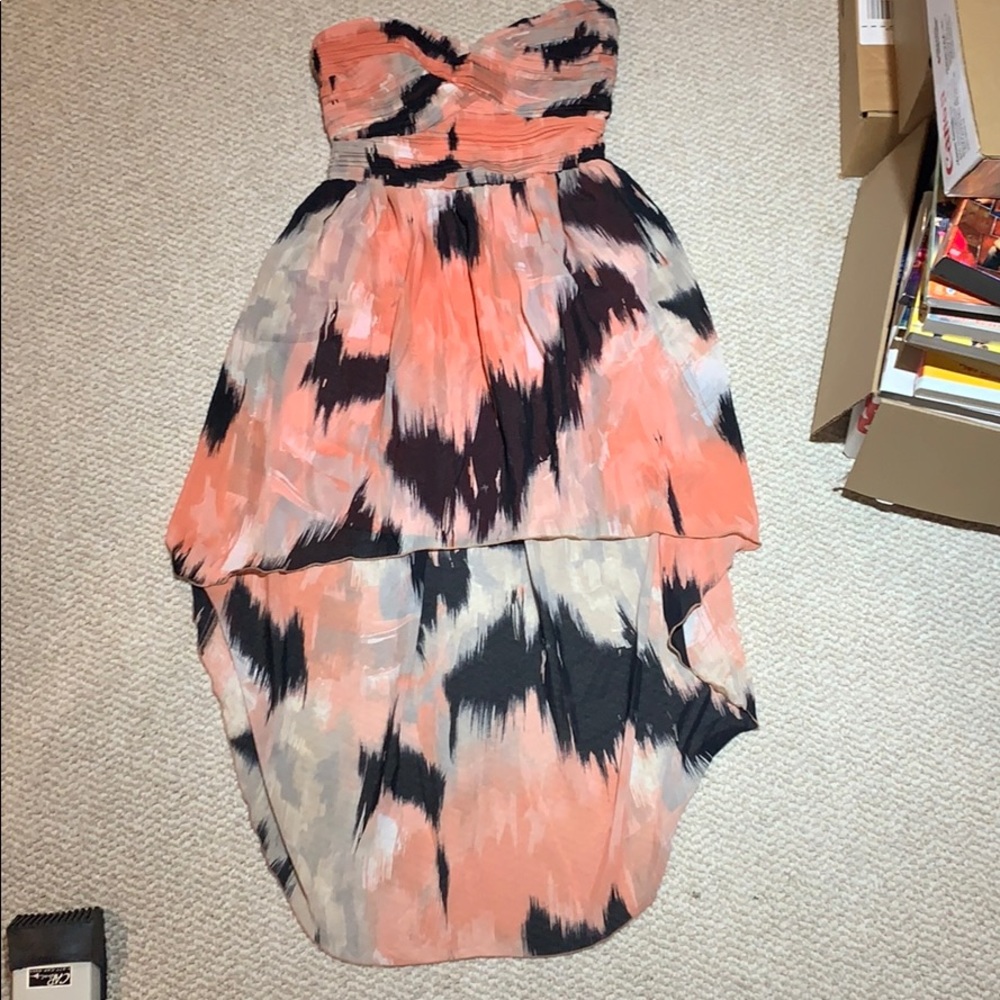 Strapless, high low dress. Peach black, grey print